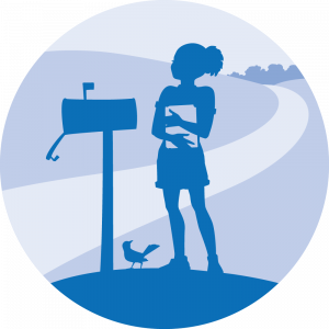 Book Delivery program logo, girl with book at mailbox