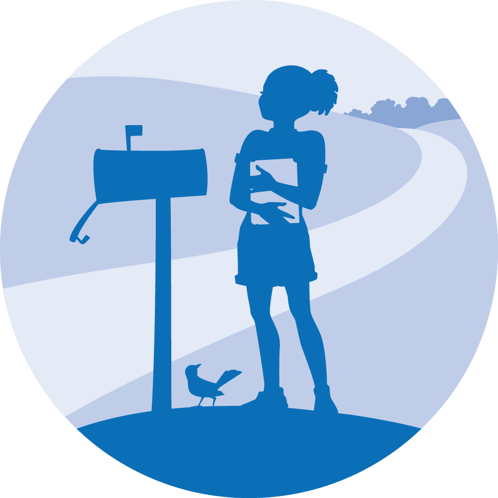 Book Delivery program logo, girl with book at mailbox