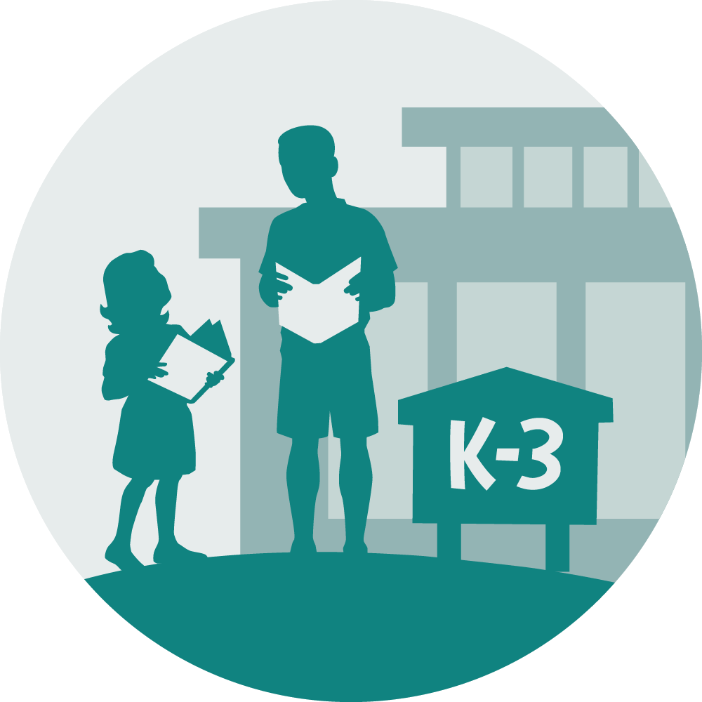 K-3 Summer Reading logo, children of different ages reading outside school