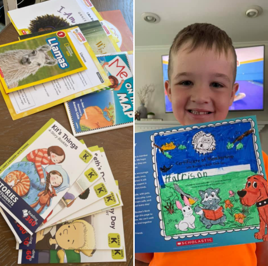 Young boy receives book pack