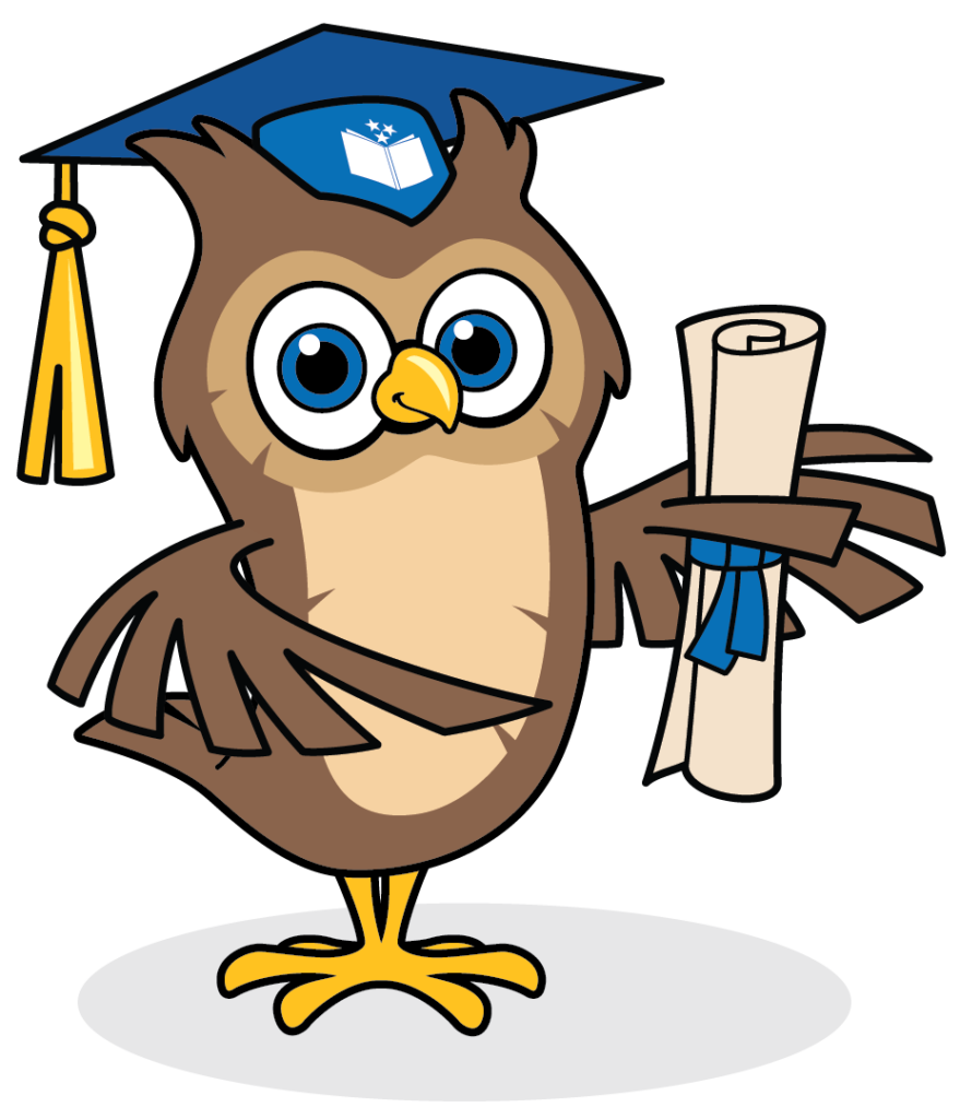 Owl wearing graduation cap and holding a diploma